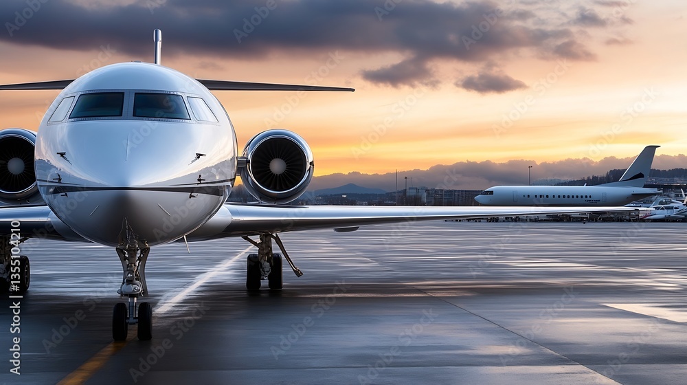 Poster sleek jet aircraft on runway during stunning sunset with clouds creating a dramatic background : gen