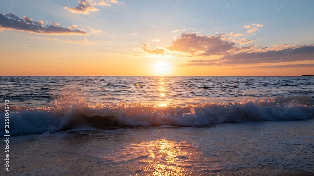Poster golden sunset over the ocean waves creating a dramatic and peaceful seascape image : generative ai