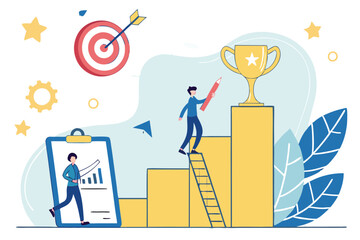 40 Colorful business illustration, flat design, achievement icons, clipboard with chart, golden target with arrow, laptop with notification, trophy cup, tiny people, blue and yellow color scheme, abst