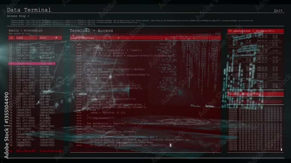 Poster displaying complex code and network connections, data terminal screen in red interface