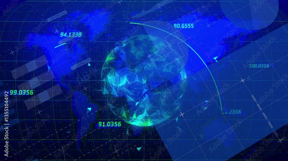 Poster digital globe and data points animation over world map background