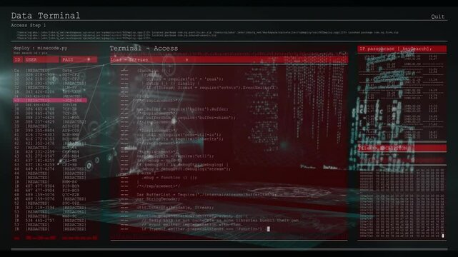 Displaying complex code and network connections, data terminal screen in red interface