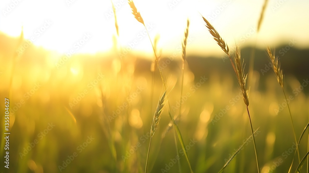 Poster sunlit grassy field filled with tall golden grass swaying gently under a summer breeze : generative 