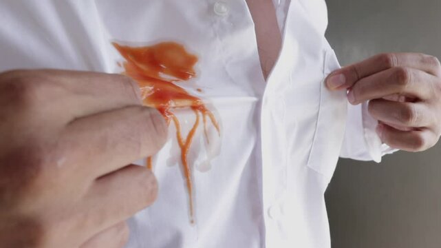 Camisa Blanca para hombre manchada con salsa de tomate roja. Mancha de salsa roja en camisa blanca de hombre