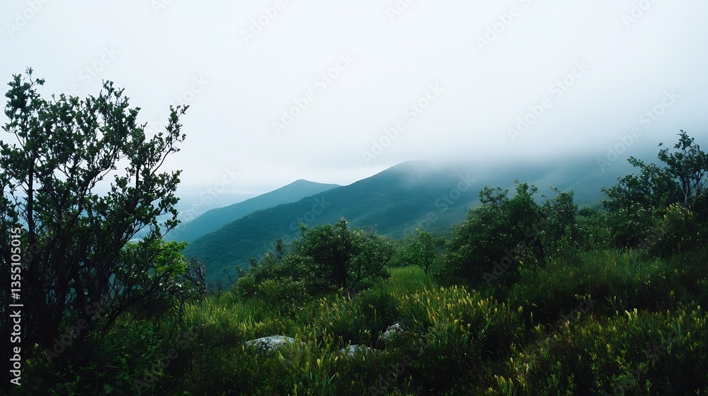 Poster misty mountain view showcasing rich greenery with a serene atmospheric landscape : generative ai