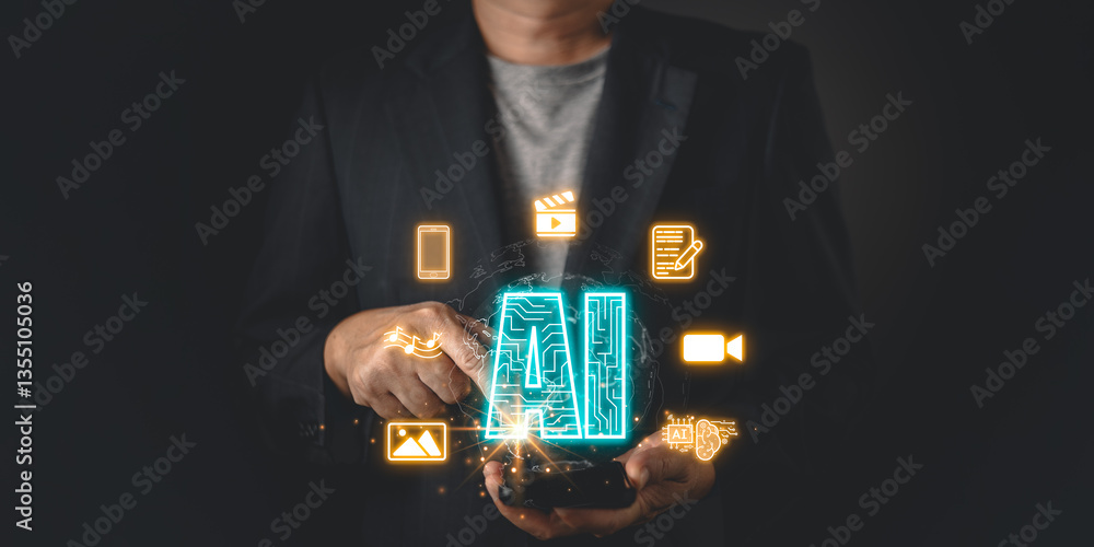Poster businessman interact with a futuristic ai powered digital interface, symbol ai driven content market