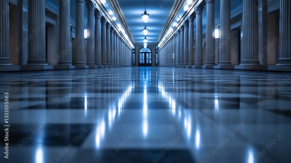 Poster elegant interior view of a classic hallway with tall columns and polished floor reflecting soft ligh