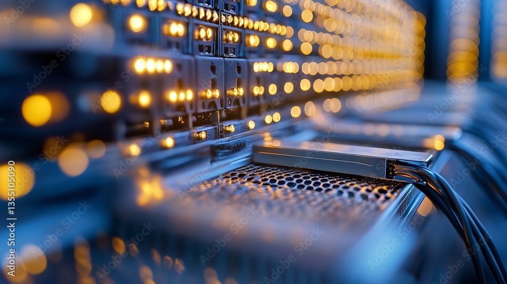 Aufkleber close up of data center server cables and led lights brightly illuminating high tech equipment : gen