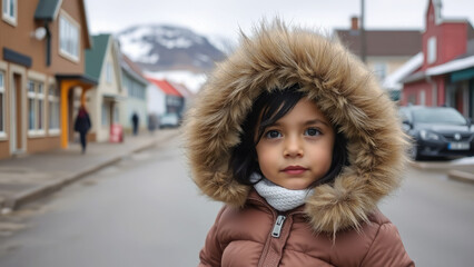 little greenlandic girl on street in nuuk greenland, child with dark hair in national dress, nationality, diversity, alaska, people of the north