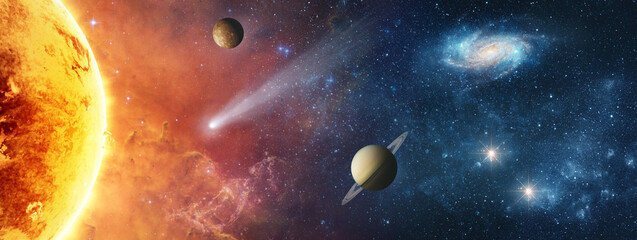 Sun, galaxies, Saturn, moon, stars, comet, asteroid, meteorite, nebula. Space panorama of the...