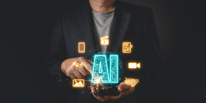businessman interact with a futuristic AI powered digital interface, symbol AI driven content marketing, media creation, and technology innovation with glowing icons representing various digital tool.