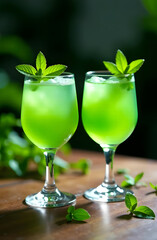 Green cocktail glasses with mint