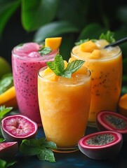 Tropical fruit smoothies, vibrant, lush background