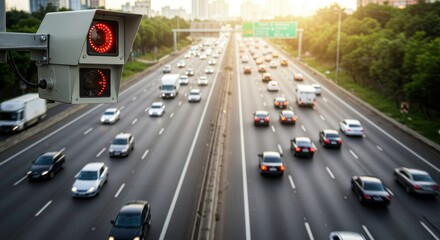 Highway Speed Camera Monitoring Traffic Flow - Speed camera on highway, capturing speeding vehicles, ensuring road safety, traffic monitoring, speed control. Symbolizing safety, security, technology
