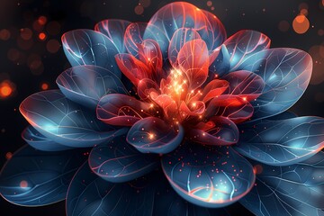 Abstract Flower with Glowing Center and Teal Petals Shines in Dark