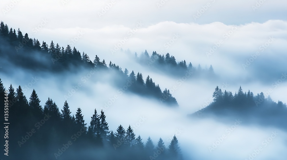 Poster Mysterious fog enveloping evergreen trees in a beautiful mountainous landscape : Generative AI