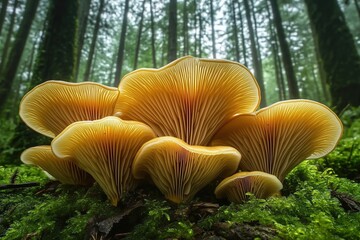 Mushroom growing on moss log in a green forest with tall trees in background