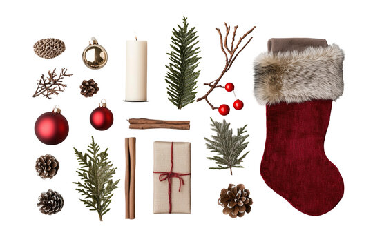 Weihnachtliche Deko mit Geschenken, Zweigen und Christbaumkugeln PNG mit transparentem Hintergrund

