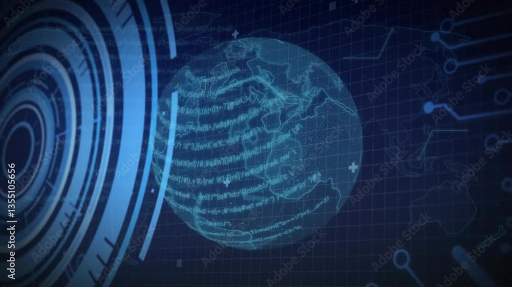 Poster digital animation of globe with data patterns on dark grid background
