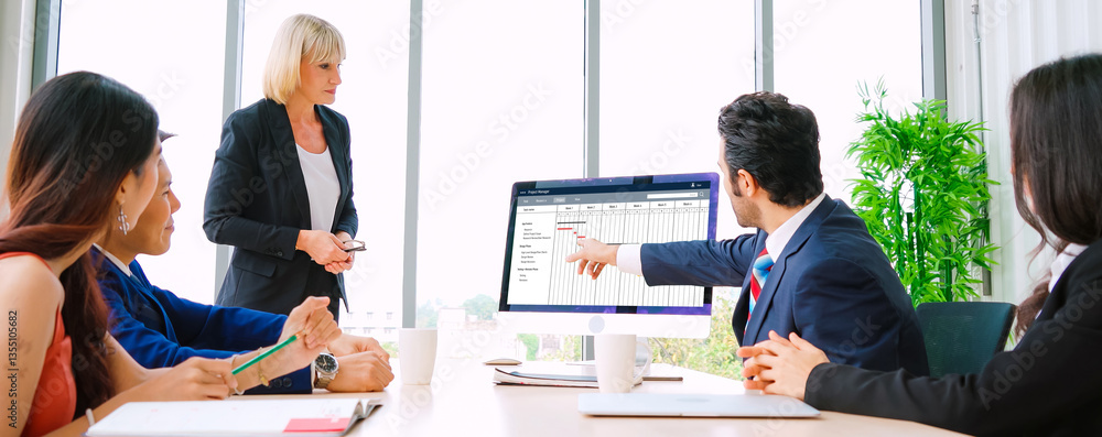 Poster project planning software for modish business project management on the computer screen showing time