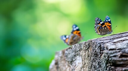 Beautiful butterflies resting on a log in a vibrant green forest creating a peaceful atmosphere : Generative AI