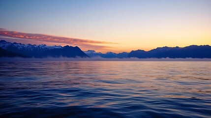 Obraz premium Tranquil sunset over calm sea with mountains reflecting on the water surface : Generative AI