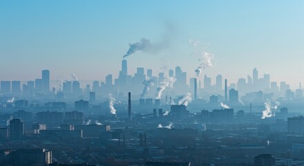 Obraz premium Industrial City Skyline with Pollution - Smog-filled city skyline with numerous industrial smokestacks emitting pollution into the atmosphere