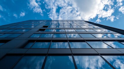 Fototapeta premium Modern skyscraper reflecting clouds in the blue sky showcasing urban architecture : Generative AI