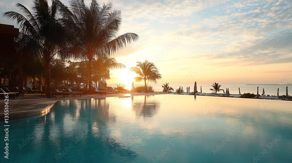 Poster Peaceful swimming pool scene at sunset with palm trees silhouetted against the colorful sky creating a tranquil atmosphere : Generative AI