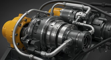 Industrial Hydraulic Power Unit - Close-up detailed of a complex industrial hydraulic power unit, showcasing intricate metal components and tubing