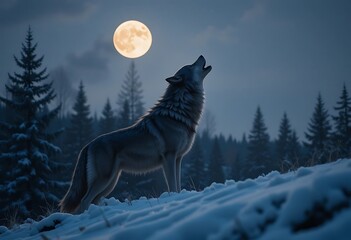Naklejka premium A lone wolf howling at the moon on a snowy hill with a backdrop of dark pine trees at night time