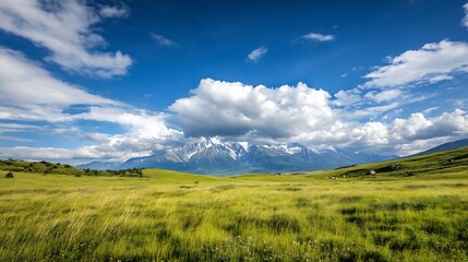 Obraz premium Stunning scenic view of majestic mountains under a blue sky with fluffy clouds over a vibrant green meadow : Generative AI