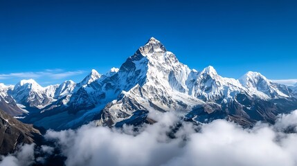 Obraz premium Majestic snowcapped mountain under a bright blue sky with dramatic clouds framing the peak : Generative AI