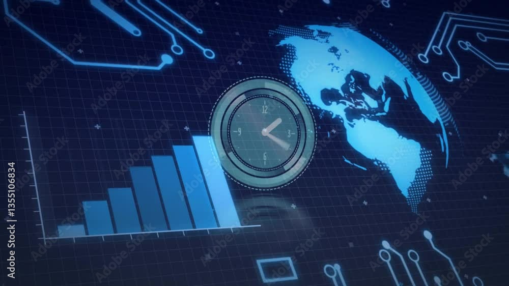 Poster clock animation over digital world map and bar graph on blue grid background