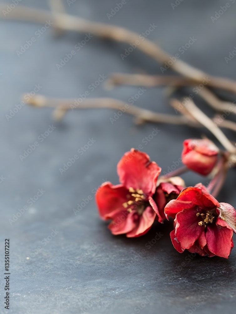 Poster delicate dried flowers on a slate surface highlighting vibrant red hues and textures : generative ai