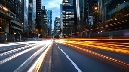 Obraz premium Dynamic Urban Scene with Motion Blur of Cars on a Busy City Street : Generative AI