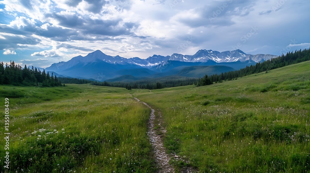 Poster scenic mountain landscape with a lush green meadow and a winding path leading towards the horizon : 