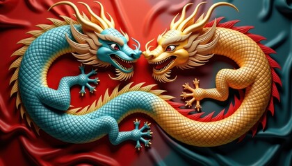Obraz premium Two Oriental Dragons Intertwined in Colorful Silk Texture 