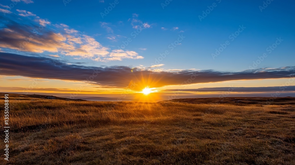 Poster dramatic sunset over rolling hills enveloped in soft clouds during evening : generative ai