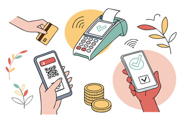41 Digital payment methods, illustrated hands, credit card terminals, smartphones, QR code scanning, contactless payments, gold coins, financial technology, flat design, vibrant colors, mobile wallets