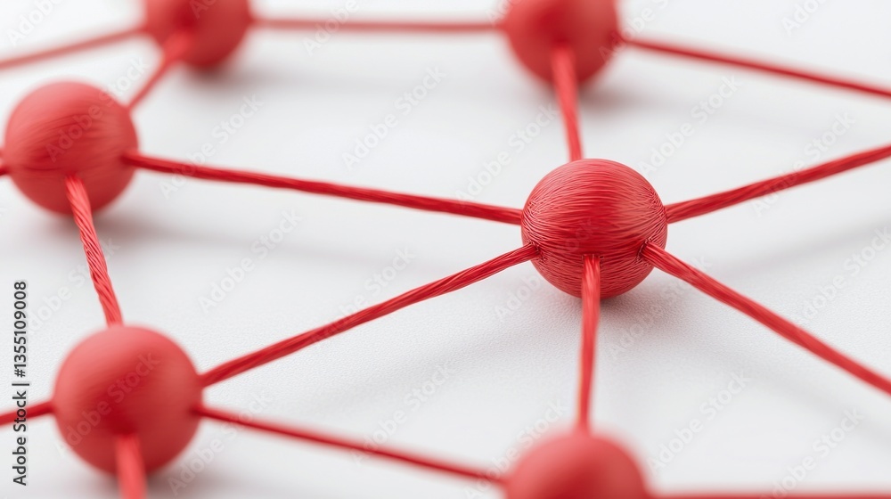 Poster red spheres interconnected by strings on white background