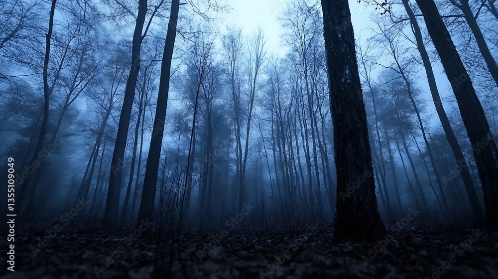 Poster Eerie fog envelops tall trees in dark forest creating a mysterious and tranquil atmosphere at dusk : Generative AI