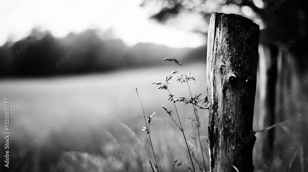Aufkleber a closeup of a rustic wooden post in a serene black and white landscape with gentle grass in the for