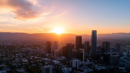 Obraz premium Stunning urban skyline silhouette during a vibrant sunset casting golden hues over the city : Generative AI