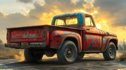 Old rusty pickup truck leaving dust trail at sunset