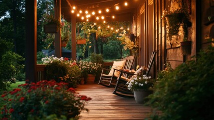 Fototapeta premium Charming Evening Porch with String Lights and Colorful Flowers