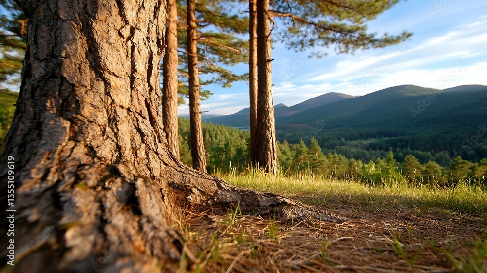 Poster scenic view of tall trees near the mountains during sunset highlighting a serene landscape : generat