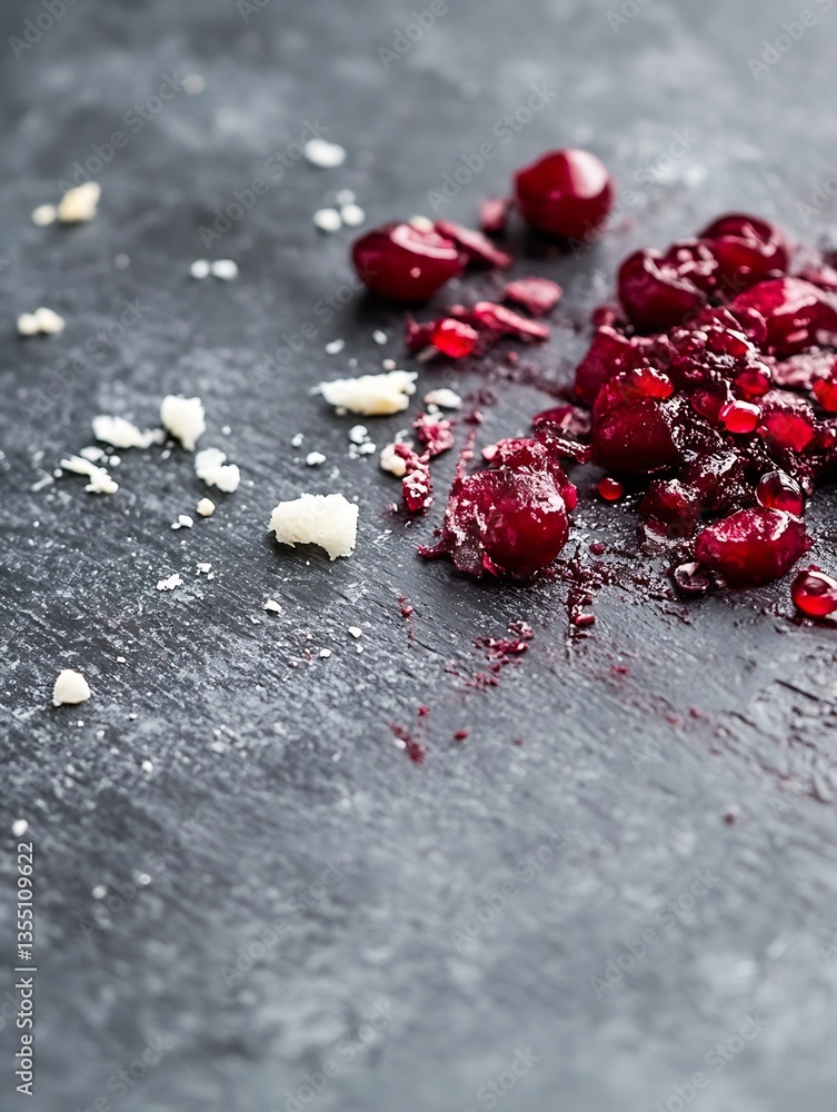 Poster Juicy and vibrant red berries splattered with sauce on a dark textured surface : Generative AI