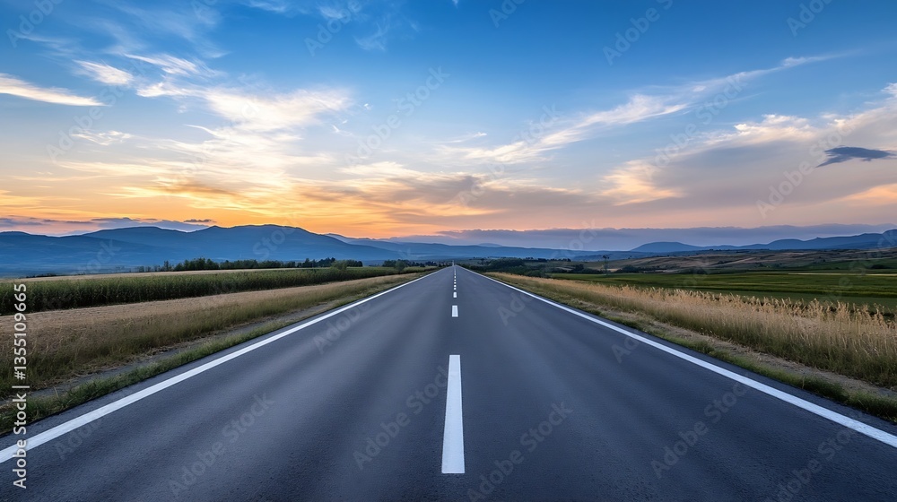 Poster Scenic Open Highway Leading into a Distant Mountain Range at Sunset : Generative AI