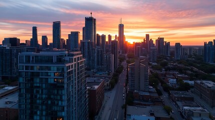 Obraz premium Breathtaking aerial view of city skyline during sunset with vibrant colors and towering buildings : Generative AI